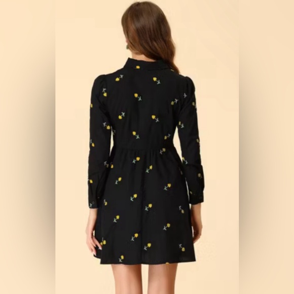 NWT Allegra K Casual Long SleeveEmbroidered Floral Mini Shirt Dress - Picture 2 of 4